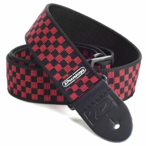 Dunlop D38-31RD Black and Red Checkered Guitar/Bass/Mandolin Strap with Leather Ends