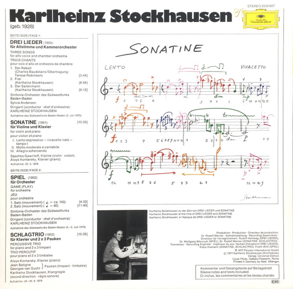 Stockhausen* - Drei Lieder • Sonatine • Spiel • Schlagtrio LP M NM or M- 1977 Deutsche Grammophon Classical Contemporary Vinyl: MINT and UNTOUCHED C: NM = Ultrasonic Cleaned on Kirmuss machine for superior audio and sonics! !!! This listing uses a stock photo. You will receive the exact pressing that the stock photo shows. We grade conservatively, and have been selling records/cd’s for over 25 years. Please inquire if you would like to see pictures of the actual item or have any questions. !!! - Image 2