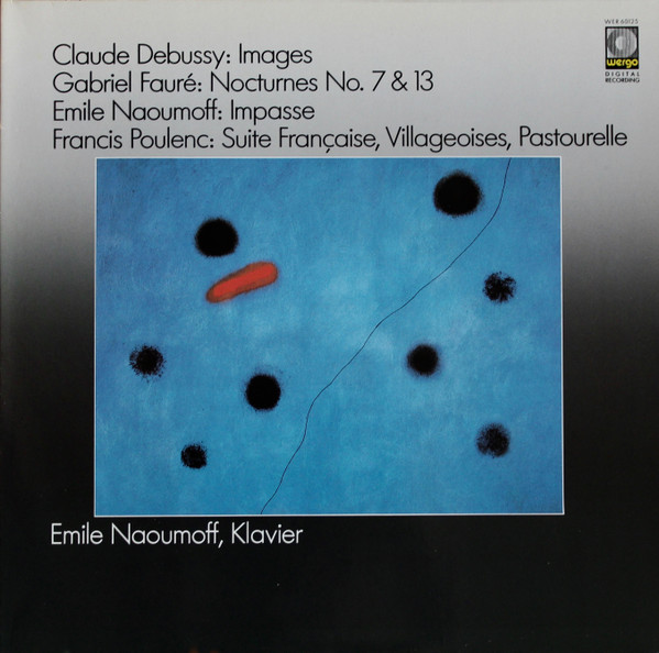 Claude Debussy, Gabriel Fauré, Emile Naoumoff, Francis Poulenc - Images, Nocturnes No. 7 & 13, Impasse, Suite Francaise, Villageoises,  LP NM or M- NM or M- 1985 WERGO Classical Modern V: Side 1- NM one tiny scuff Side 2 - MINT C: NM = DMM Audiophile Press / Ultrasonic Cleaned on Kirmuss machine for superior audio and sonics! !!! This listing uses a stock photo. You will receive the exact pressing that the stock photo shows. We grade conservatively, and have been selling records/cd’s for over 25 years. Please inquire if you would like to see pictures of the actual item or have any questions. !!!