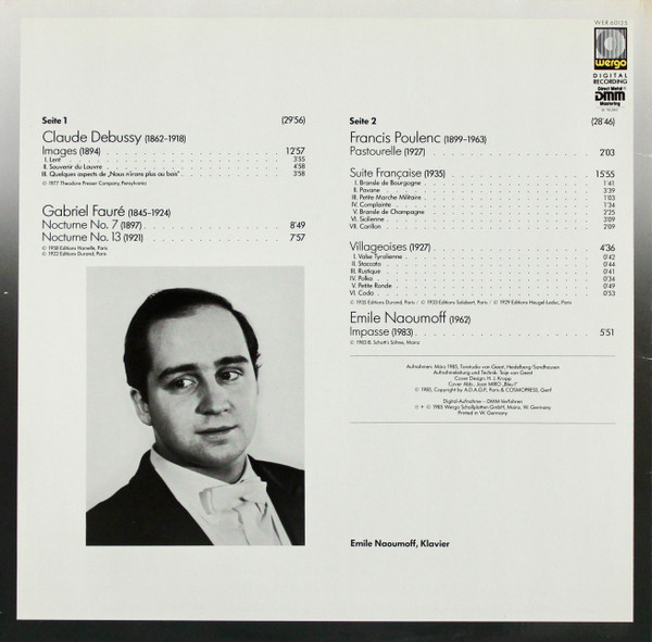 Claude Debussy, Gabriel Fauré, Emile Naoumoff, Francis Poulenc - Images, Nocturnes No. 7 & 13, Impasse, Suite Francaise, Villageoises,  LP NM or M- NM or M- 1985 WERGO Classical Modern V: Side 1- NM one tiny scuff Side 2 - MINT C: NM = DMM Audiophile Press / Ultrasonic Cleaned on Kirmuss machine for superior audio and sonics! !!! This listing uses a stock photo. You will receive the exact pressing that the stock photo shows. We grade conservatively, and have been selling records/cd’s for over 25 years. Please inquire if you would like to see pictures of the actual item or have any questions. !!! - Image 3