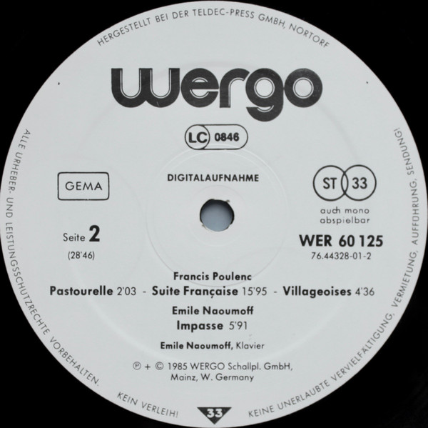 Claude Debussy, Gabriel Fauré, Emile Naoumoff, Francis Poulenc - Images, Nocturnes No. 7 & 13, Impasse, Suite Francaise, Villageoises,  LP NM or M- NM or M- 1985 WERGO Classical Modern V: Side 1- NM one tiny scuff Side 2 - MINT C: NM = DMM Audiophile Press / Ultrasonic Cleaned on Kirmuss machine for superior audio and sonics! !!! This listing uses a stock photo. You will receive the exact pressing that the stock photo shows. We grade conservatively, and have been selling records/cd’s for over 25 years. Please inquire if you would like to see pictures of the actual item or have any questions. !!! - Image 5