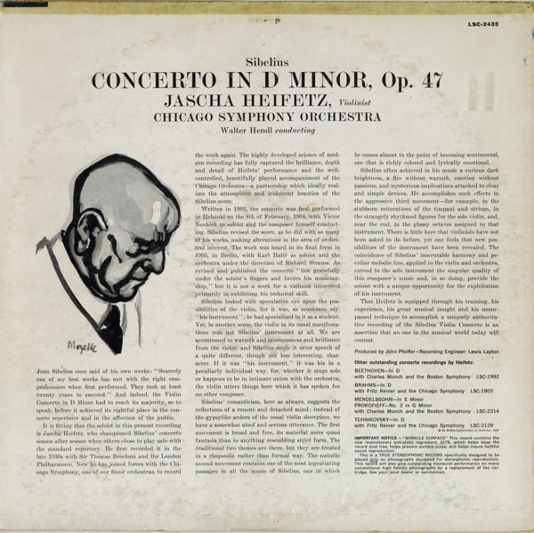 Heifetz*, Sibelius*, Chicago Symphony*, Walter Hendl - Violin Concerto  LP NM or M- NM or M- 1960 RCA Victor Red Seal,RCA Victor Red Seal Classical Romantic Vinyl: Side 1: NM Side 2: MINT / Front Cover: NM Back Cover: EX / Ultrasonic Cleaned on Kirmuss machine for superior audio and sonics! !!! This listing uses a stock photo. You will receive the exact pressing that the stock photo shows. We grade conservatively, and have been selling records/cd’s for over 25 years. Please inquire if you would like to see pictures of the actual item or have any questions. !!! - Image 2