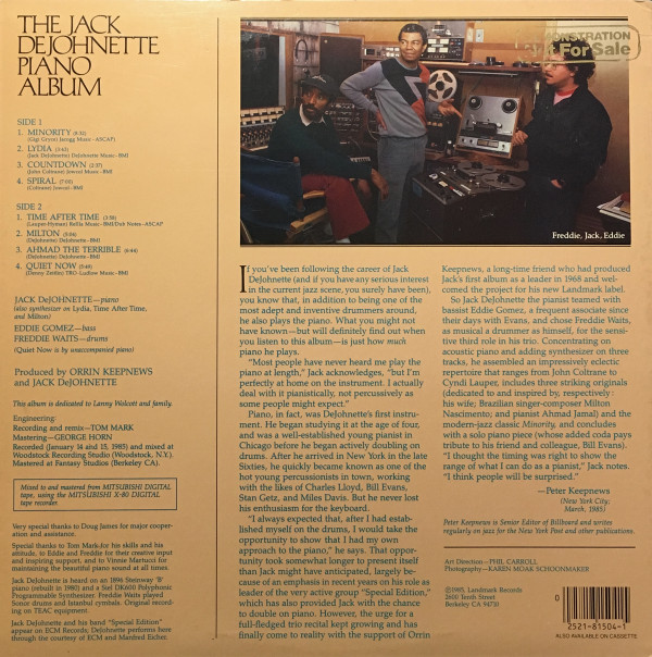 Jack DeJohnette - The Jack DeJohnette Piano Album LP NM or M- NM or M- 1985 Landmark Records (3) Jazz Contemporary Jazz Vinyl: NM/M Cover: NM = Ultrasonic Cleaned on Kirmuss machine for superior audio and sonics! !!! This listing uses a stock photo. You will receive the exact pressing that the stock photo shows. We grade conservatively, and have been selling records/cd’s for over 25 years. Please inquire if you would like to see pictures of the actual item or have any questions. !!! - Image 2