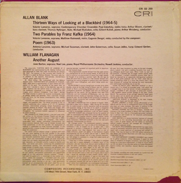 Allan Blank, William Flanagan - Allan Blank: Thirteen Ways Of Looking At A Blackbird; Two Parables By Franz Kafka; Poem / William Flanagan: Another August-1